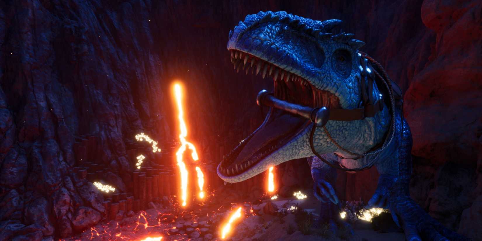 Ark Survival Ascended: Giga being ridden near the volcano