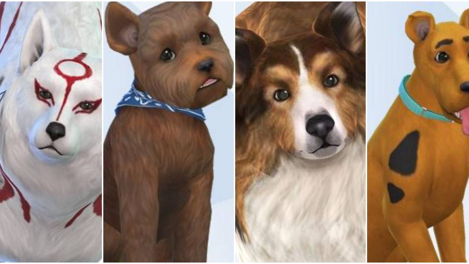 A collage of images of fictional dogs made in The Sims 4
