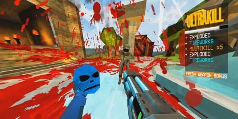 Ultrakill steam screenshot - player using shotgun and holding skull