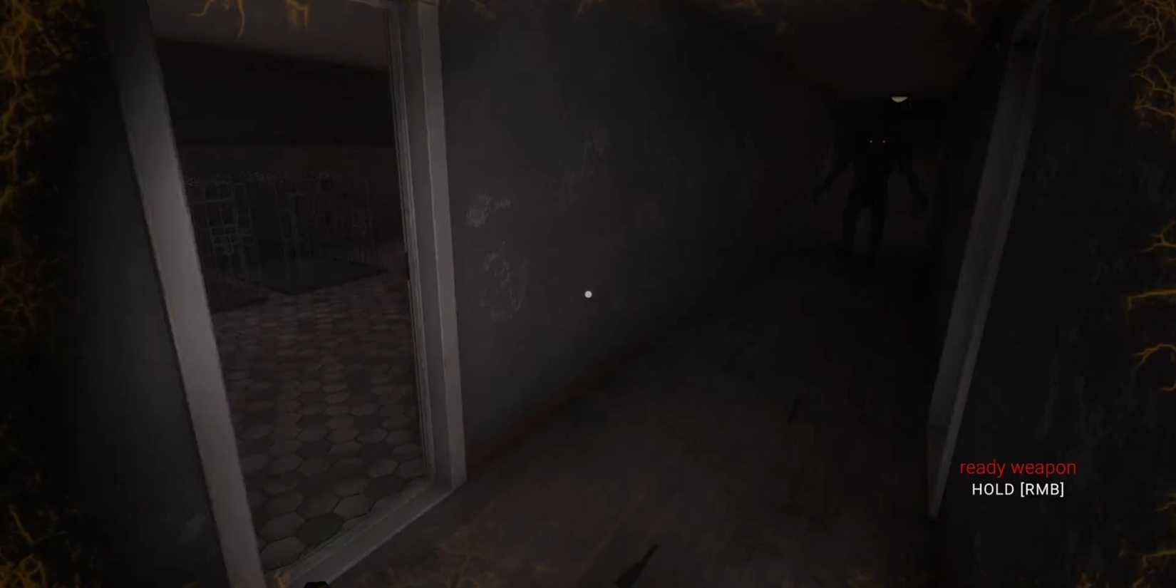 Werewolf chasing player down dark hallway