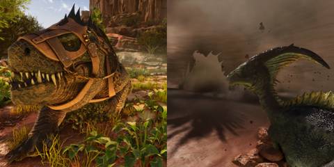 Ark: Survival Ascended: Fasolasuchus, Faso facing camera, going underground, parasaur in quicksand