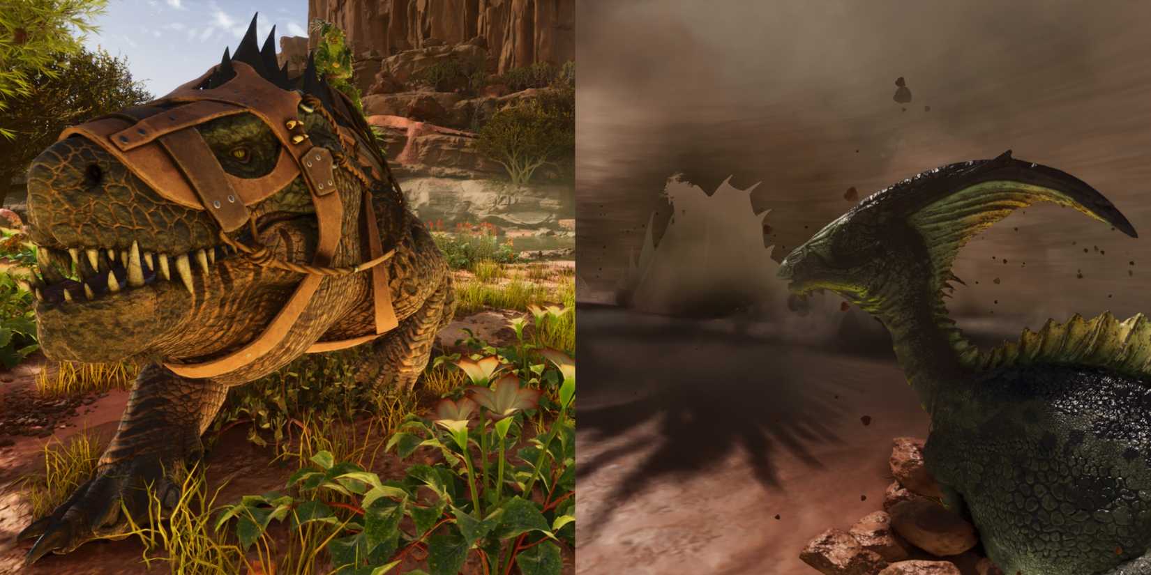 Ark: Survival Ascended: Fasolasuchus, Faso facing camera, going underground, parasaur in quicksand