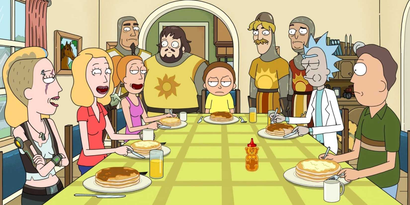 Rick and Morty having breakfast with knights on Rick and Morty