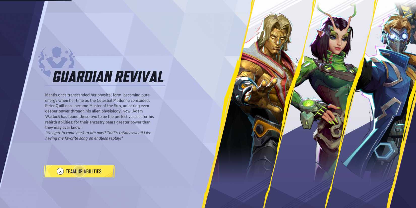 Marvel Rivals Guardian Revival. Adam Warlock, Mantis, and Star-Lord