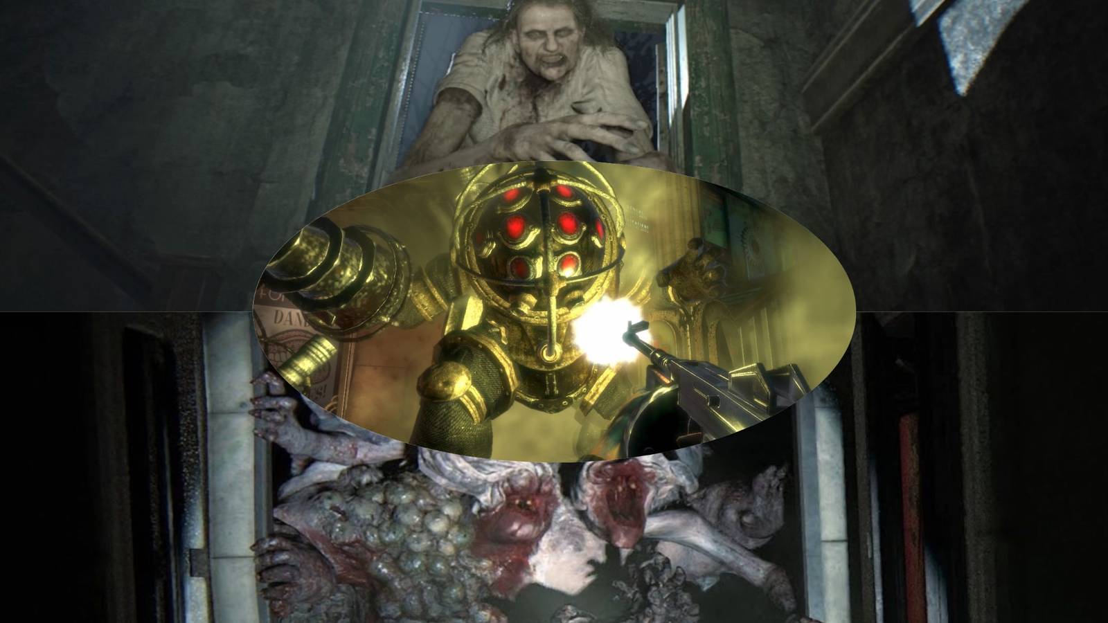 Resident Evil 7, Bioshock, The Last Of Us Part 2 - 3 Way Split Image