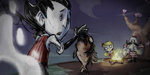 Don't Starve Together: Wilson holding a fish, Wendy, and Wolfgang beside a campfire