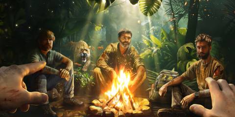 Green Hell: Campfire, 3 men, and Leopard preparing to attack