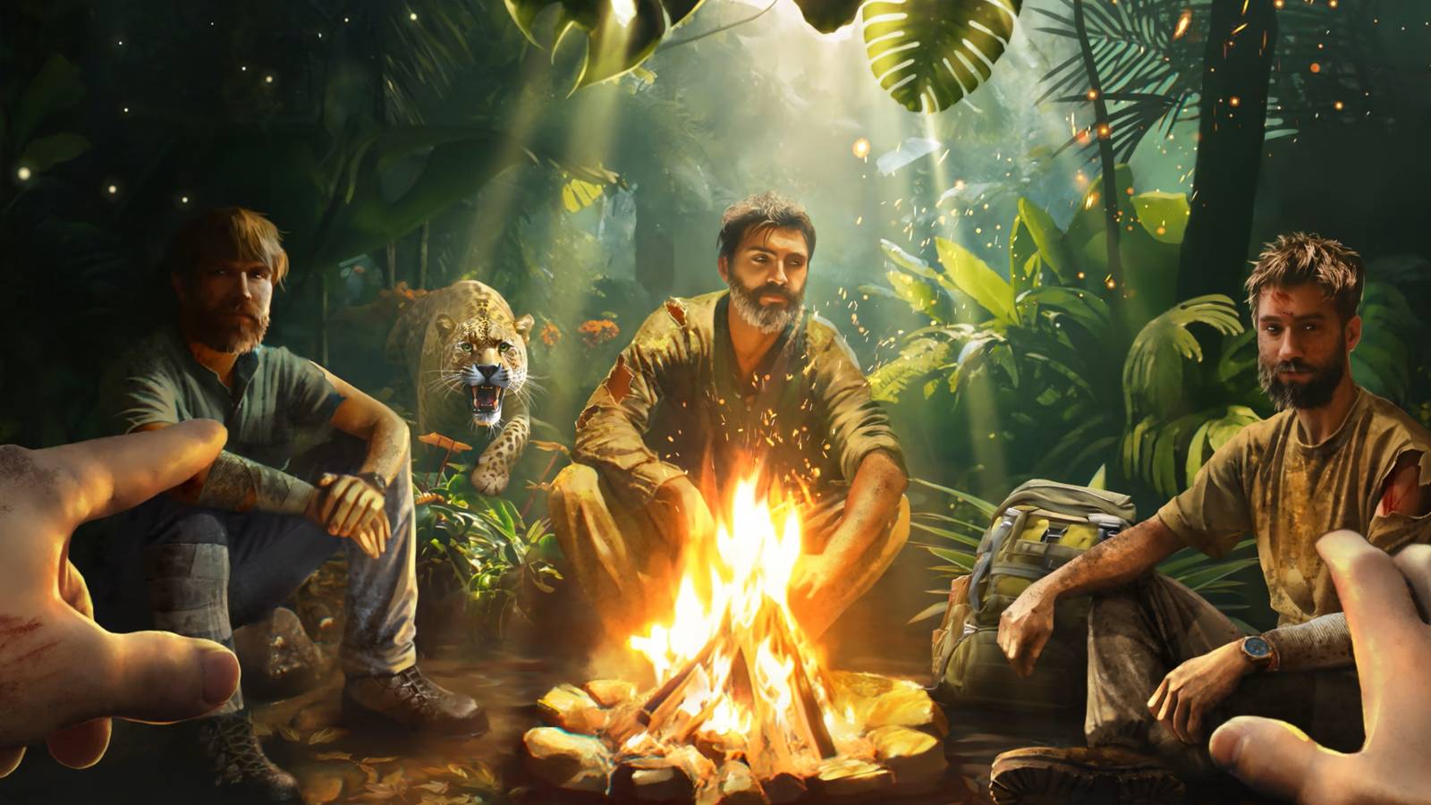 Green Hell: Campfire, 3 men, and Leopard preparing to attack