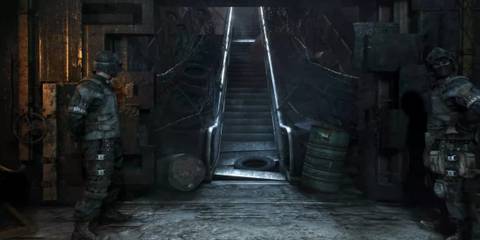 player looking at escalator leading to surface