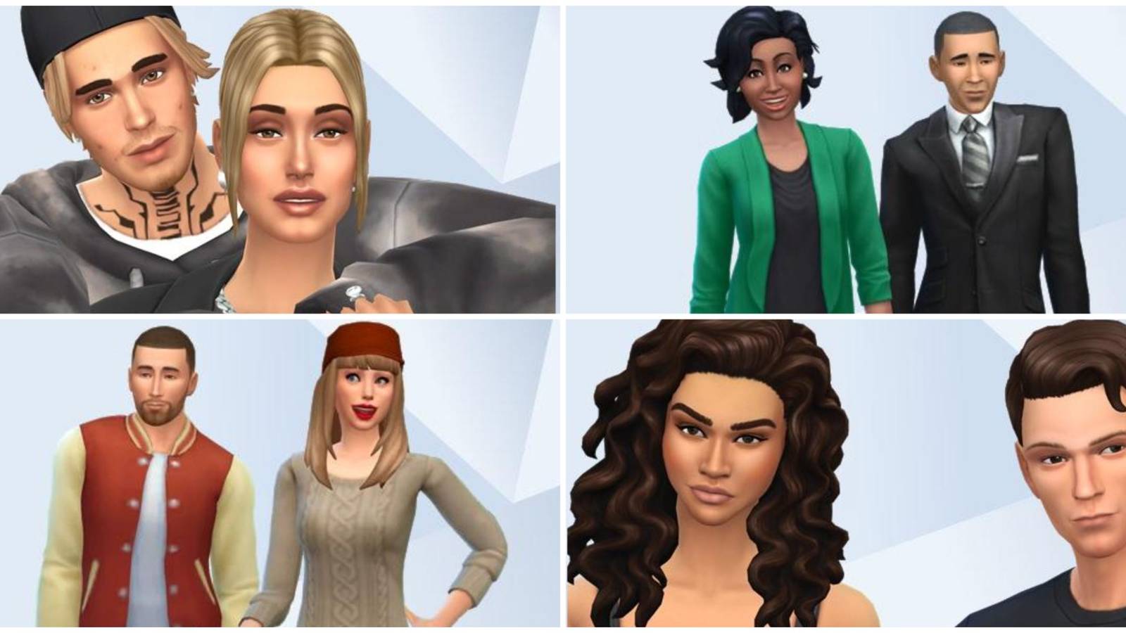 A collage of images of celebrity couples made in The Sims 4