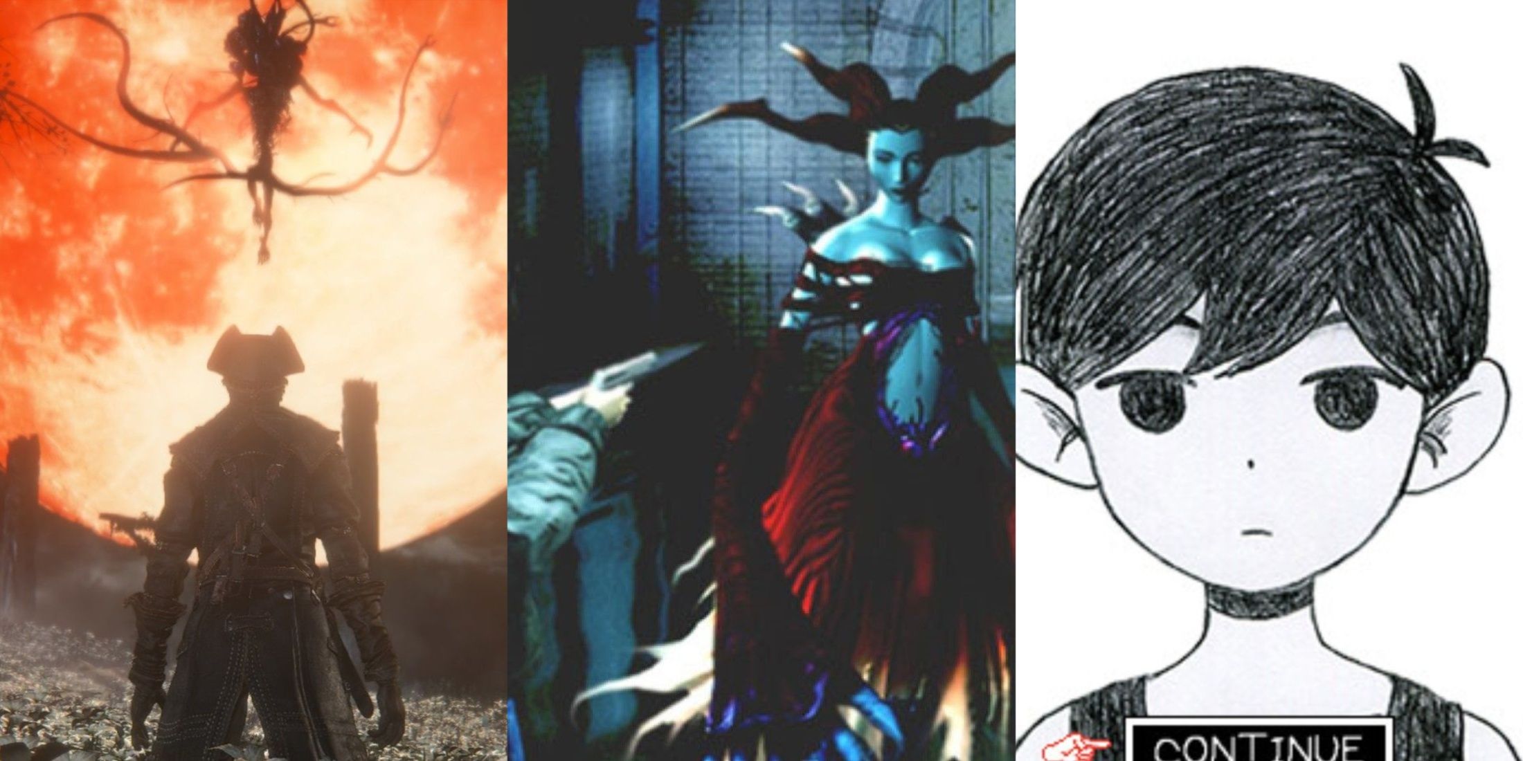 A collage of three promotional images from the games Bloodborne, Parasite Eve and Omori. The Bloodborne image shows the player character watching a monster descend in front of the moon. The Parasite Eve image shows the player character pointing a gun at a demonic looking woman. The Omori image shows a child in a hand-drawn, black and white art style with a pensive expression.