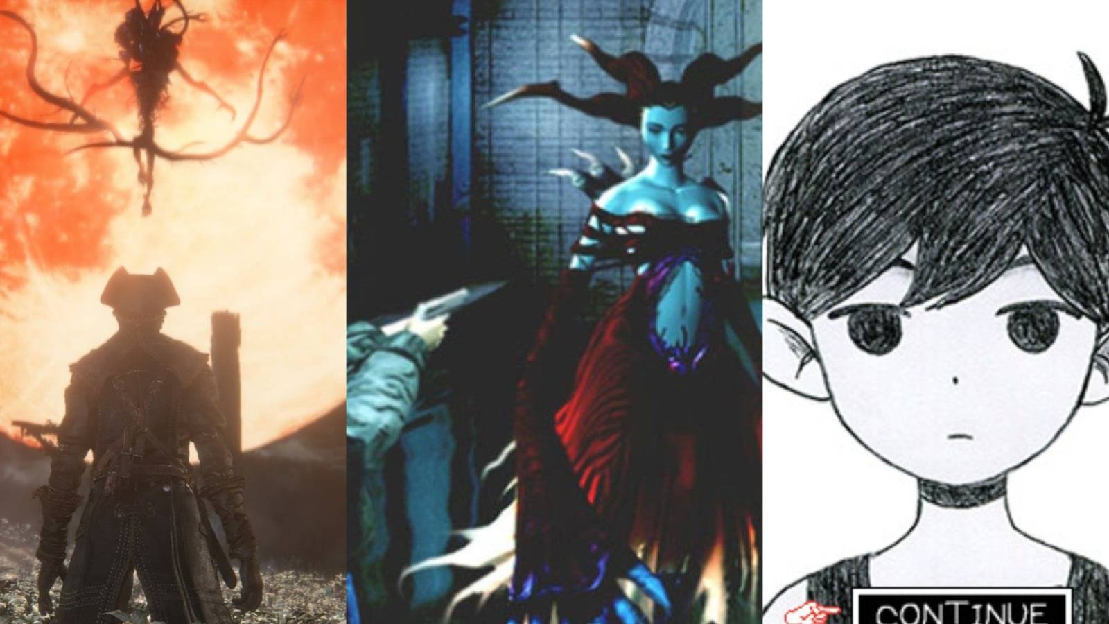 A collage of three promotional images from the games Bloodborne, Parasite Eve and Omori. The Bloodborne image shows the player character watching a monster descend in front of the moon. The Parasite Eve image shows the player character pointing a gun at a demonic looking woman. The Omori image shows a child in a hand-drawn, black and white art style with a pensive expression.