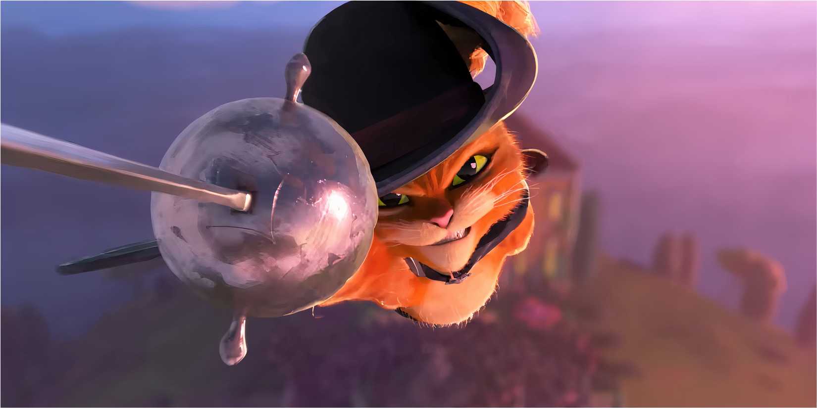 Puss in Boots lunging forward with a rapier in mid-air.