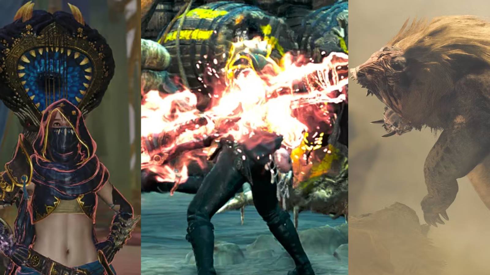 A hunter posing with a hunting horn; a hunter with increased attack; a monster roaring in MHW