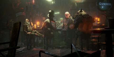 Mutant characters gathered at a post-apocalyptic bar in TTRPG-inspired Mutant Year Zero