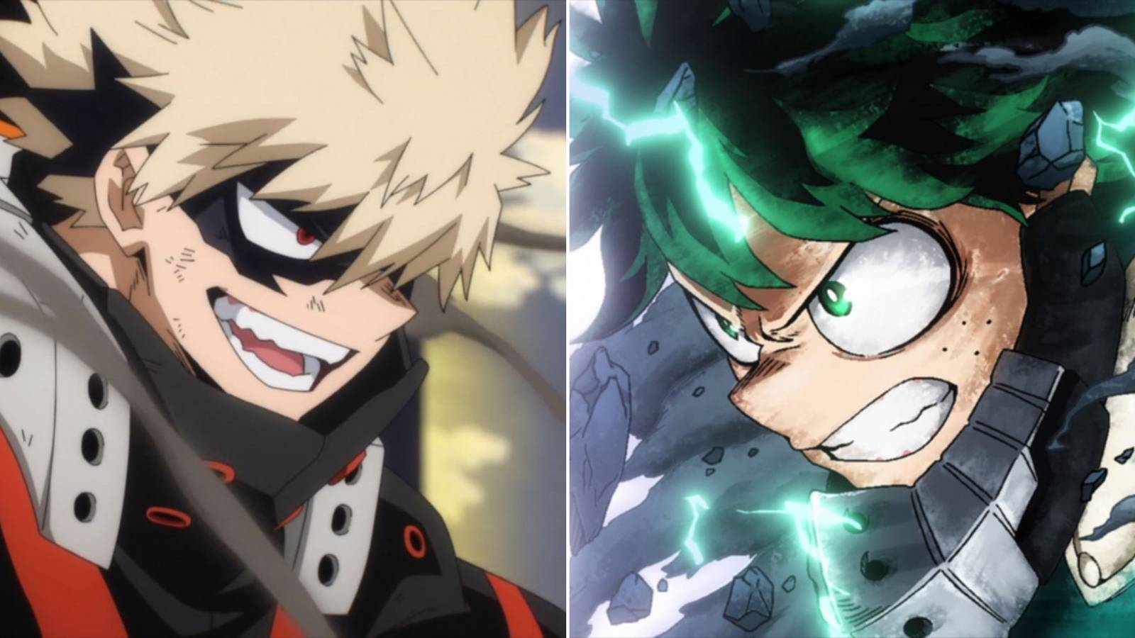 A collage of Katsuki Bakugo and Izuku Midoriya, the two biggest rivals in My Hero Academia.