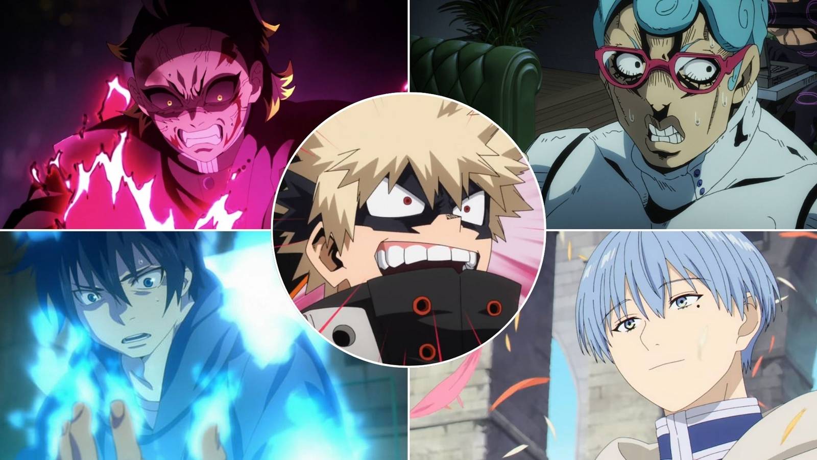 A collage of characters that were voiced by Nobuhiko Okamoto: Genya Shinazugawa from Demon Slayer, Ghiaccio from JoJo's Bizarre Adventure, Rin Okumura from Blue Exorcist, Himmel from Frieren: Beyond The Journey's End and Katsuki Bakugo from My Hero Academia.