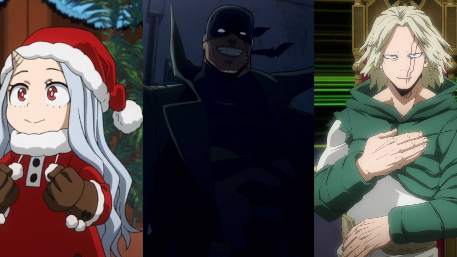 A collage of three prominent My Hero Academia characters who are neither heroes nor villains: Eri, Knuckleduster and Hikage Shinomori.