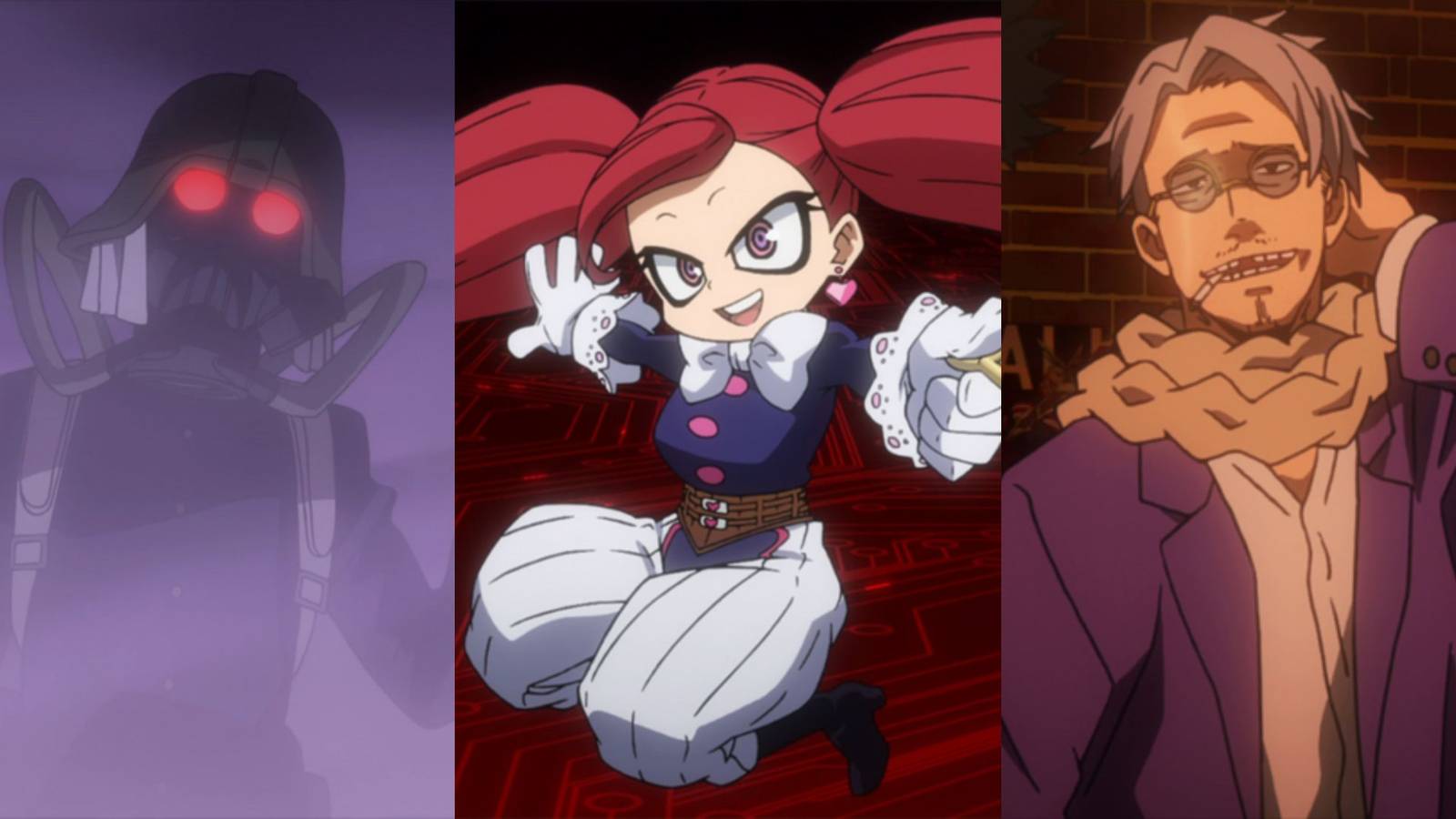 A collage of three weak My Hero Academia villains: Mustard, La Brava and Giran.