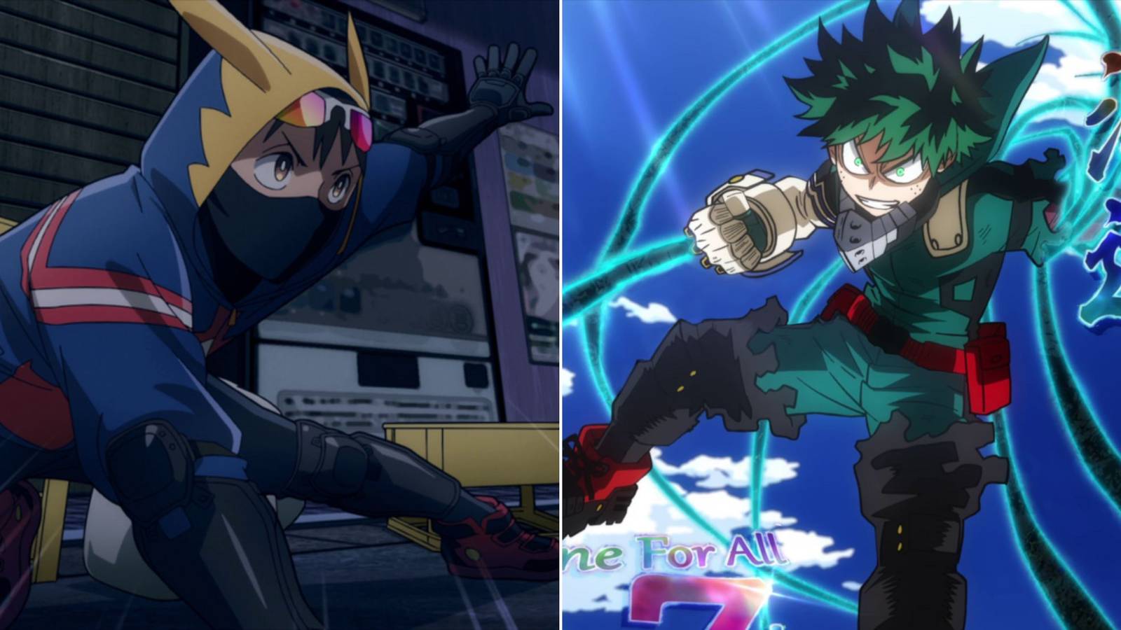 A collage of Koichi Haimawari, the protagonist of My Hero Academia Vigilantes, and Izuku Midoriya, the protagonist of My Hero Academia.