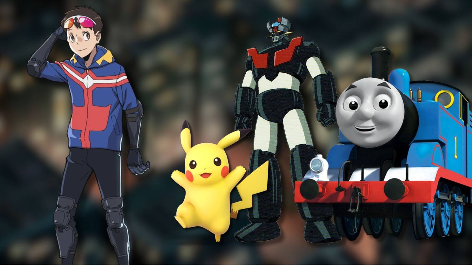 A collage of Koichi from My Hero Academia: Vigilantes alongside 3 characters that are referenced in his series: Pikachu from Pokemon, Mazinger Z from Mazinger and Thomas the Tank Engine.