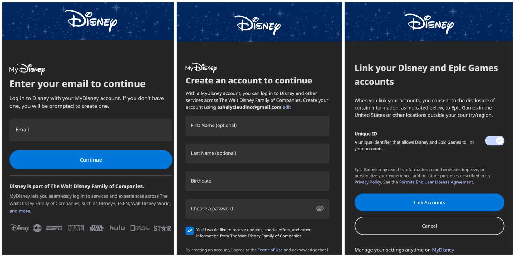 mydisney account creation fortnite