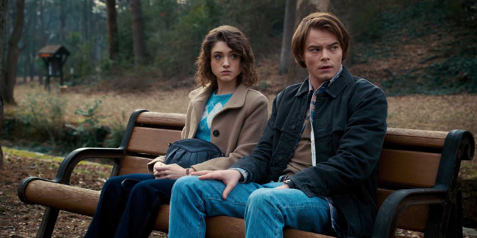 Nancy and Jonathan sitting on a bench in Stranger Things