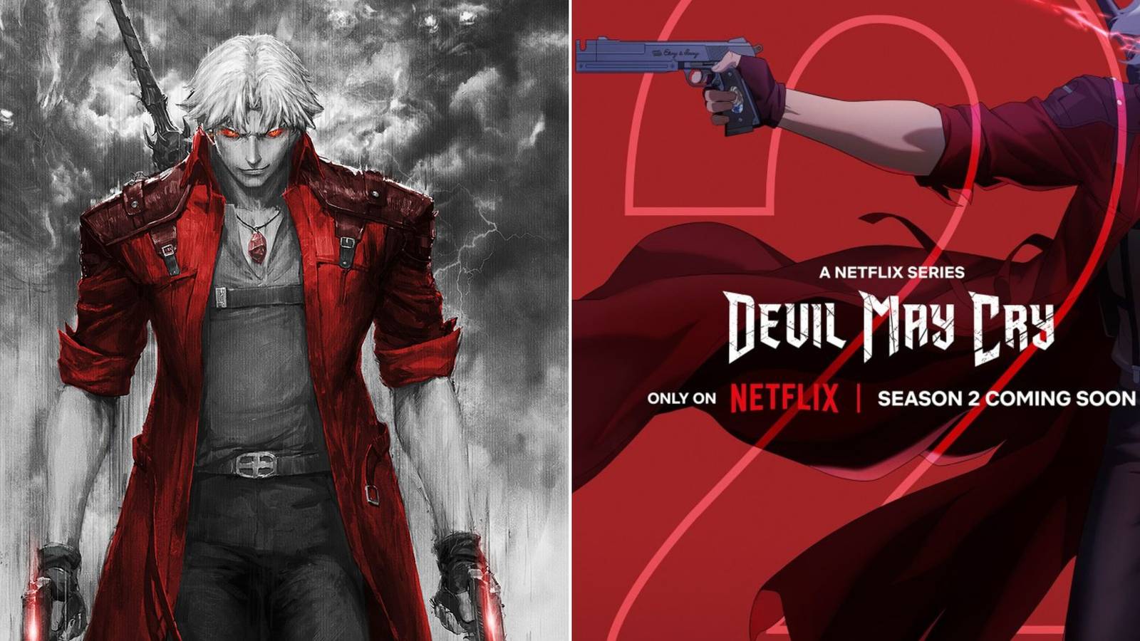 A collage of posters from the Devil May Cry Netflix show: Season 1 (Left) and Season 2 (Right)