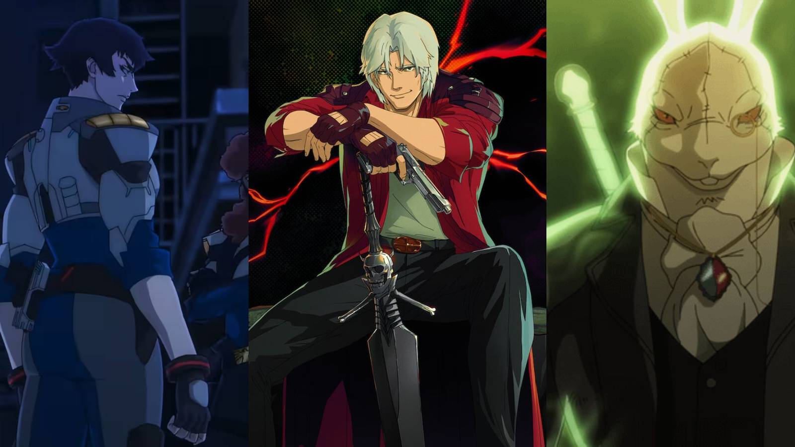 A collage of three strong characters from the new Devil May Cry show on Netflix: Mary Arkham (AKA Lady), Dante and the White Rabbit.