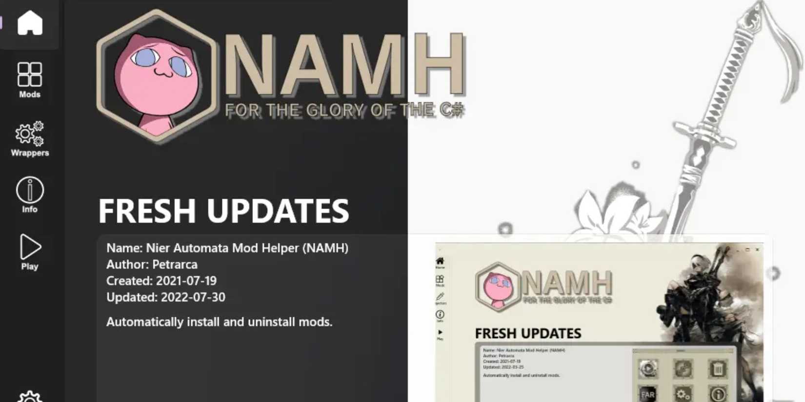 NieR Automata Mod Helper Mod main image seen on the modpage