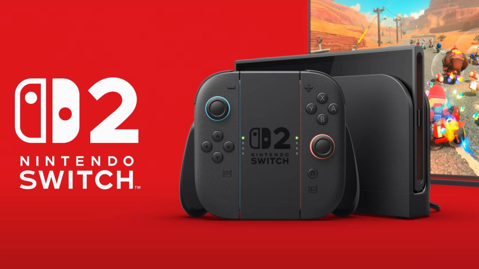 Nintendo Switch 2 console with Mario Kart World playing on a screen in the background
