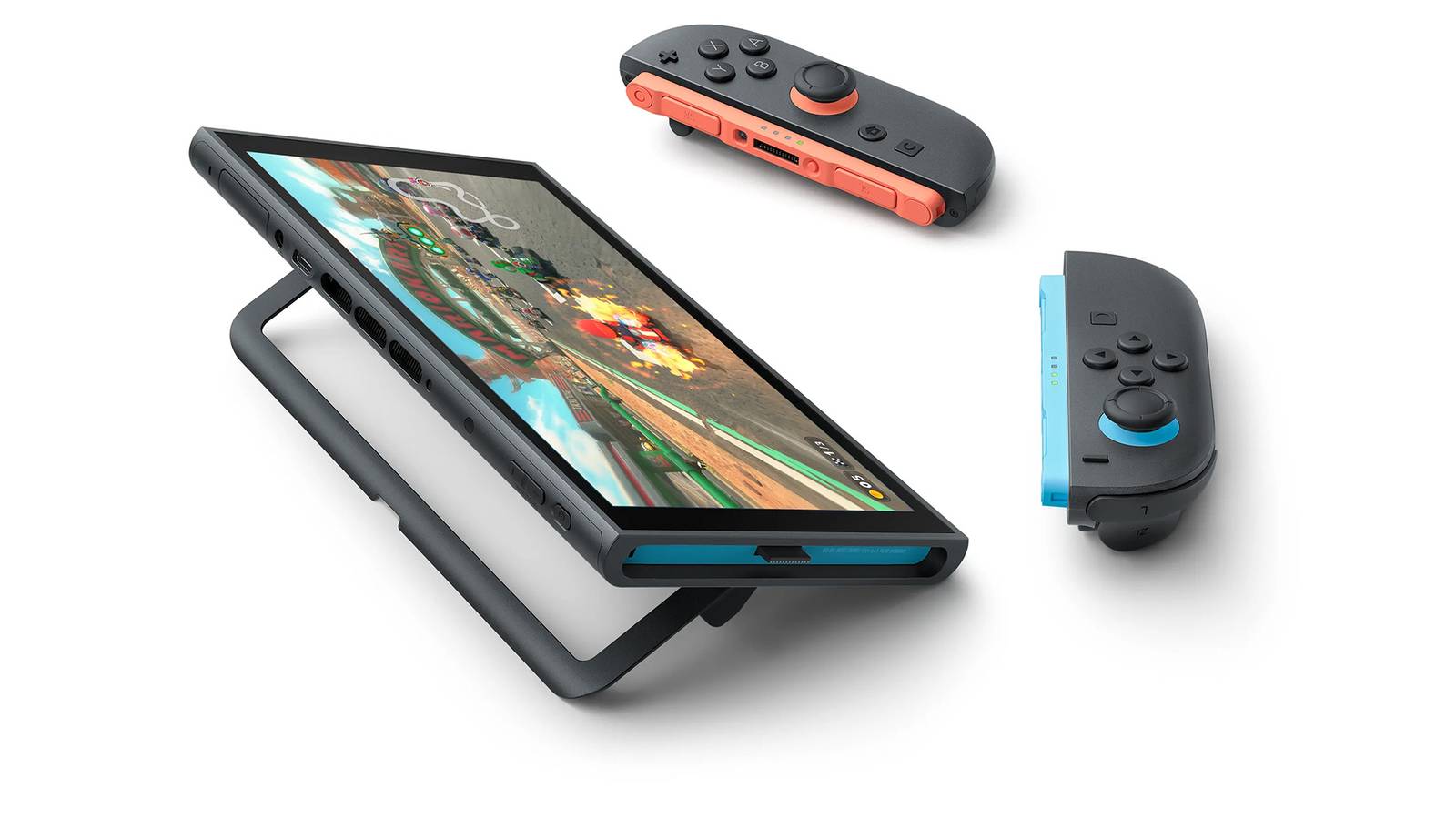 Nintendo Switch 2 detached on stand with two standalone Joy-Con 2 controllers