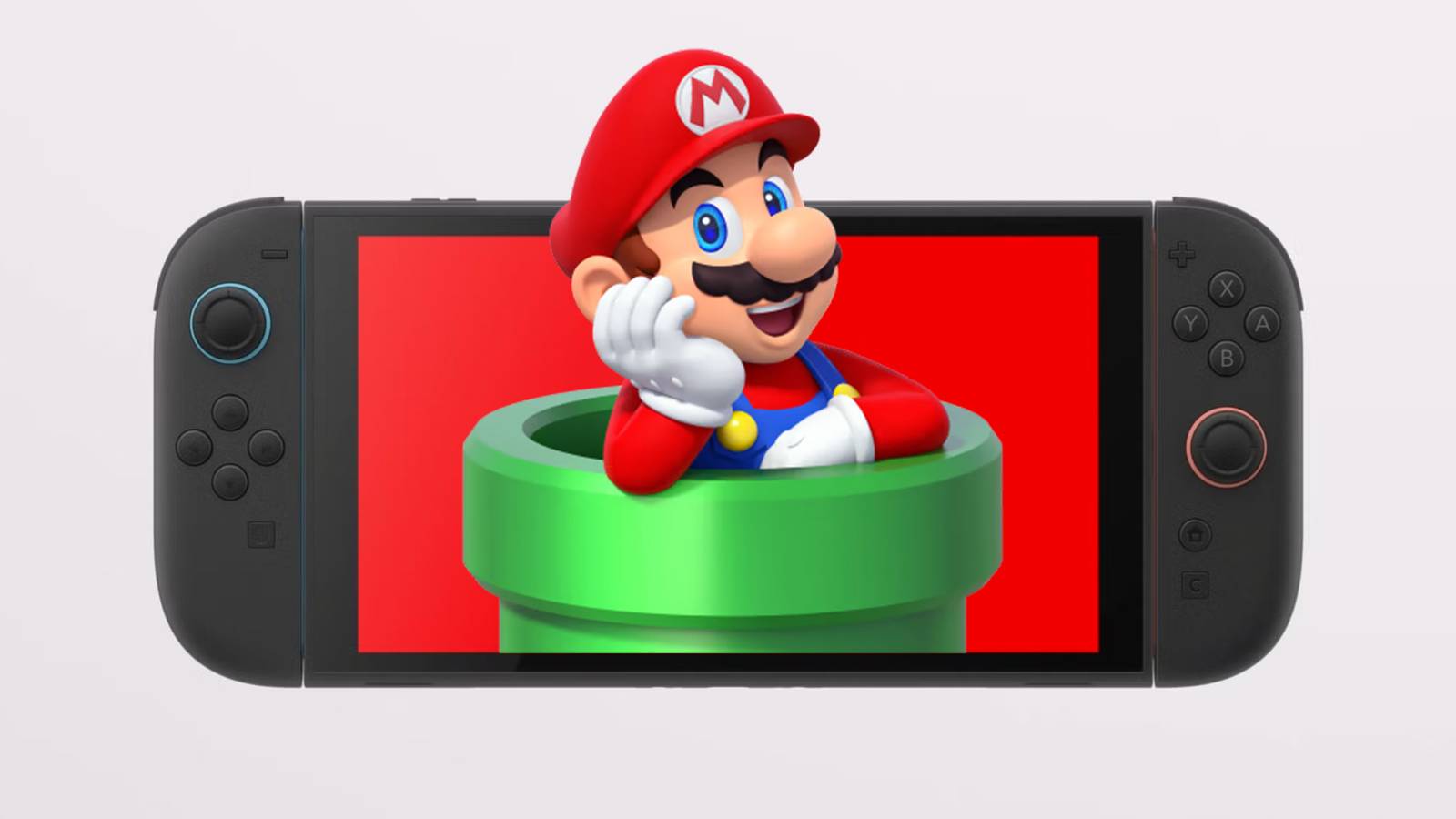 Nintendo Switch 2 displaying Mario emerging from a green pipe
