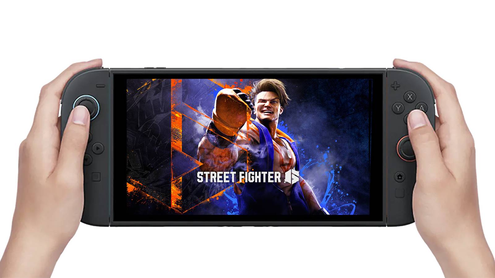 Nintendo Switch 2 displaying Street Fighter 6 cover artwork 2x1 composite white background