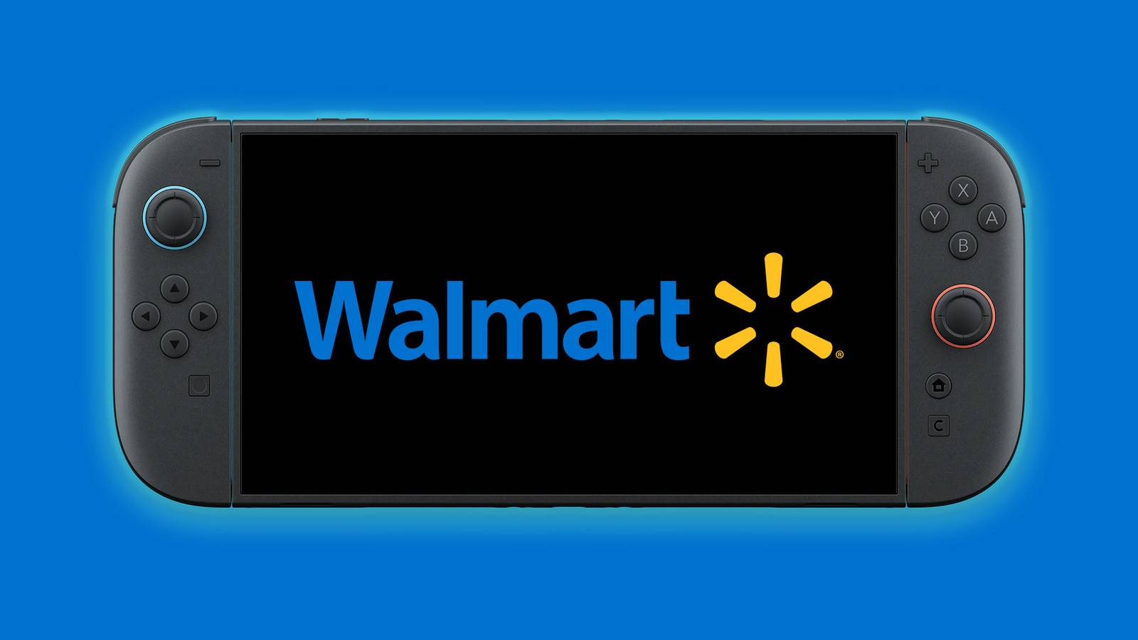 Nintendo Switch 2 displaying Walmart logo blue background 2x1 composite