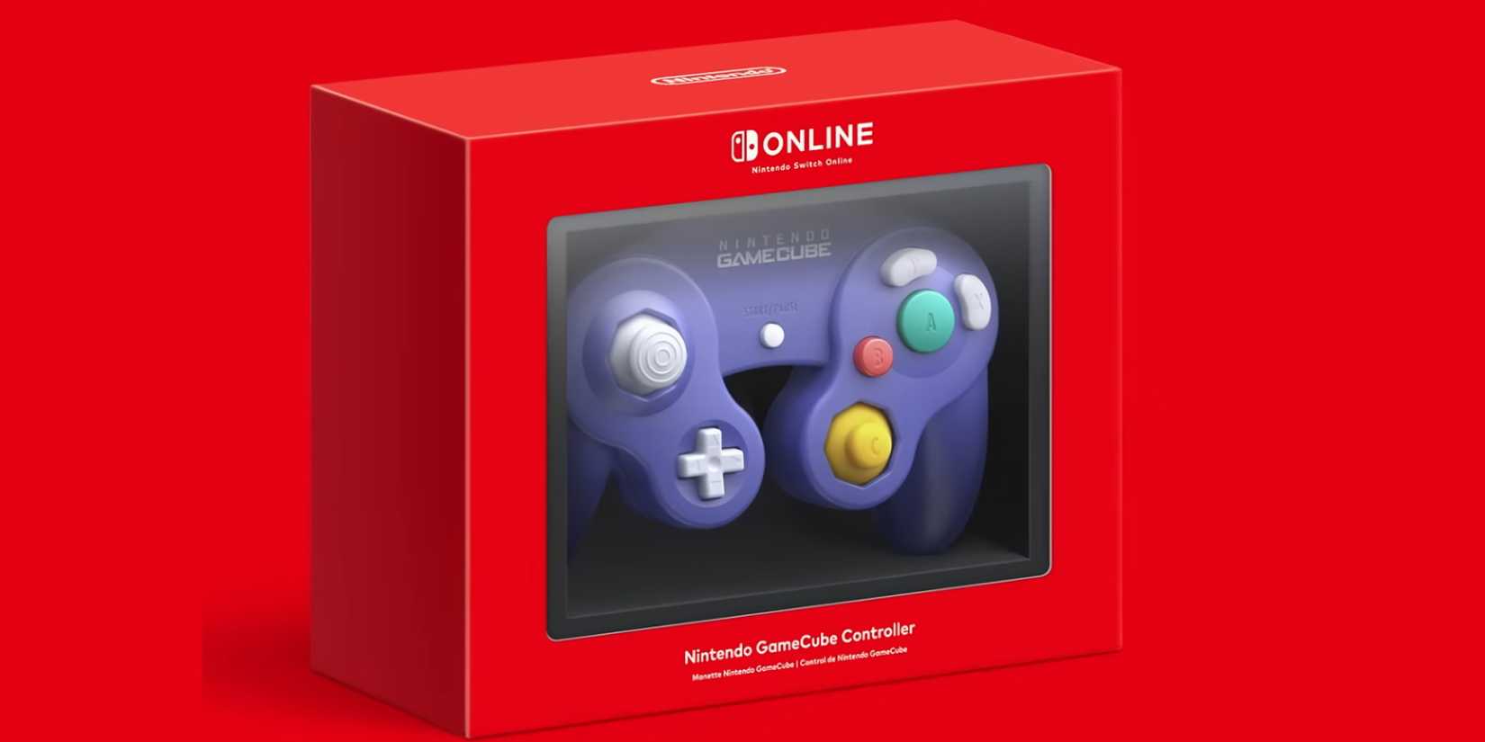 The packaging for the Switch 2's GameCube controller set against a red background.