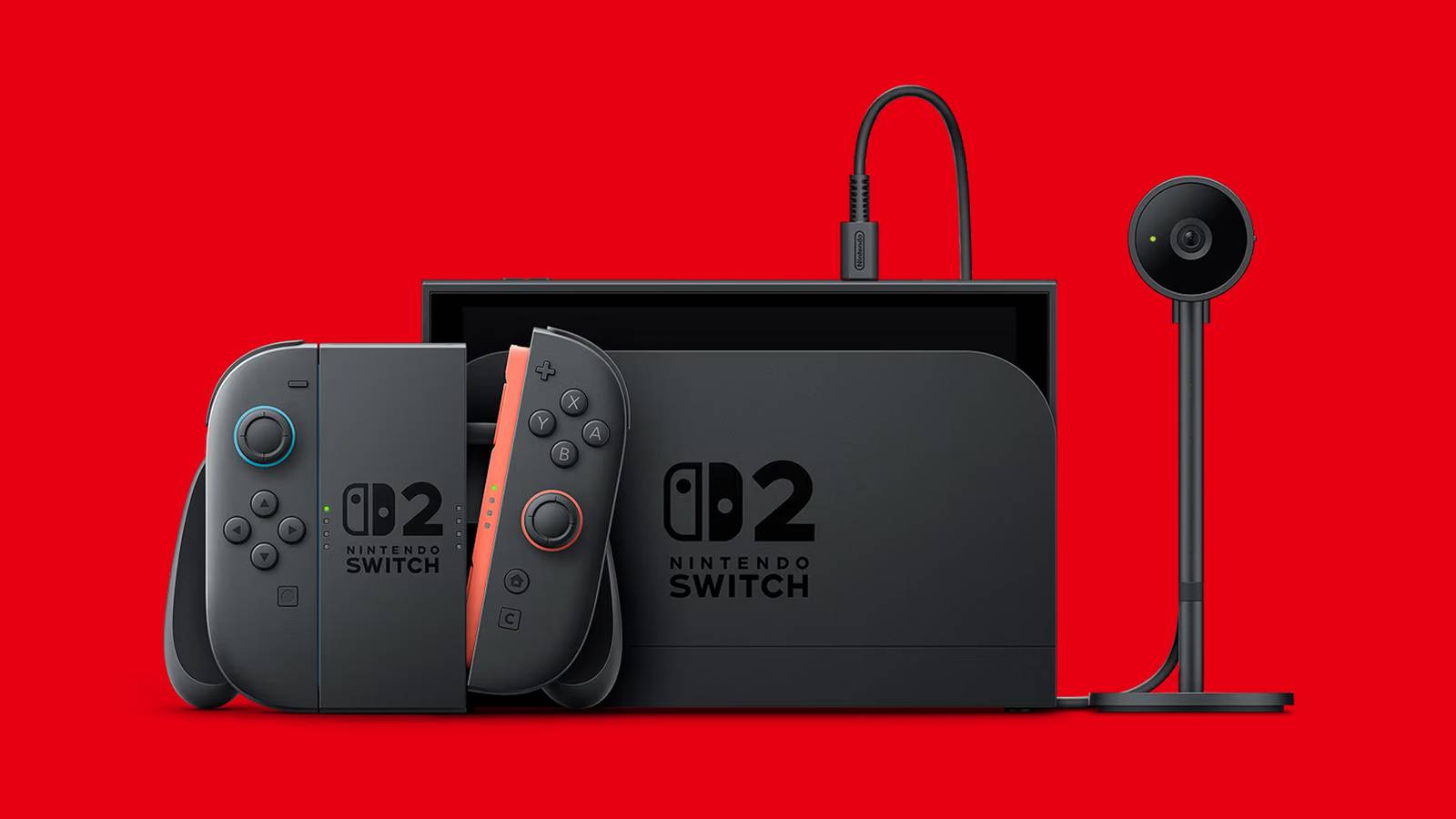 Nintendo Switch 2 on red background with camera 2x1 composite