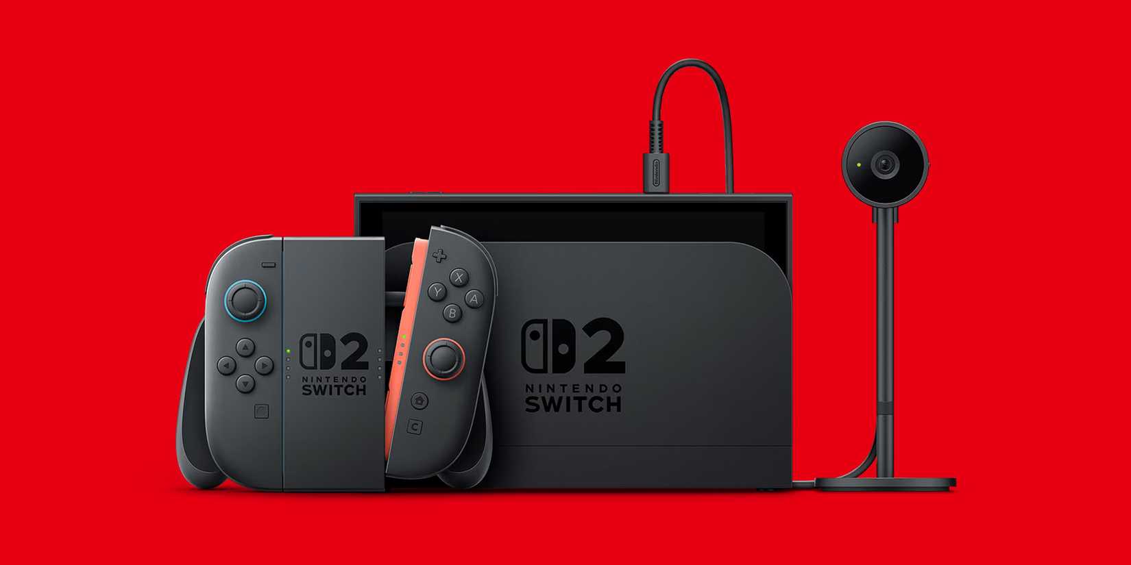 Nintendo Switch 2 on red background with camera 2x1 composite