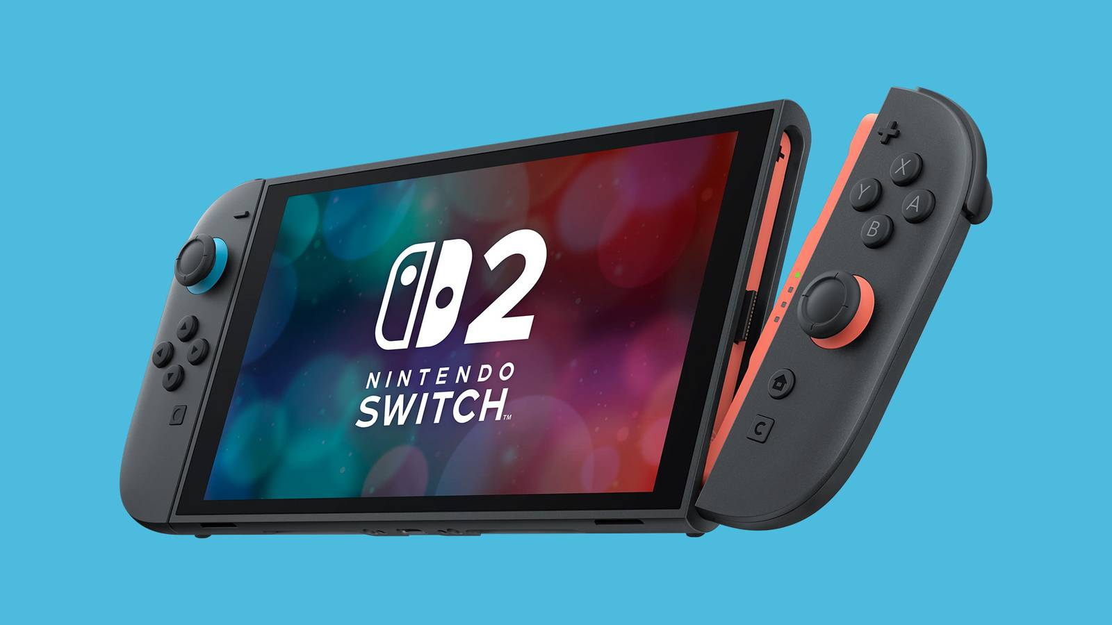 Nintendo Switch 2 with Right Joy-Con Detaching on blue background