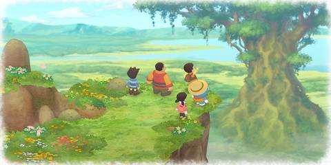 Nobita and his friends sitting on the edge of a cliff in Doraemon Story Of Seasons