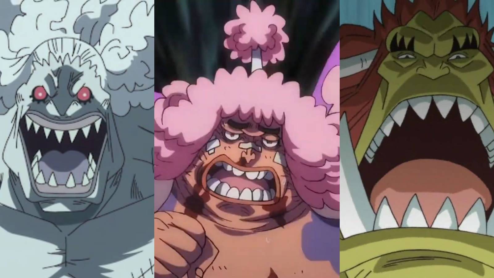 A collage of three One Piece characters who pointlessly sacrificed themselves in one way: Hody Jones, Ashura Doji and Little Oars Jr.