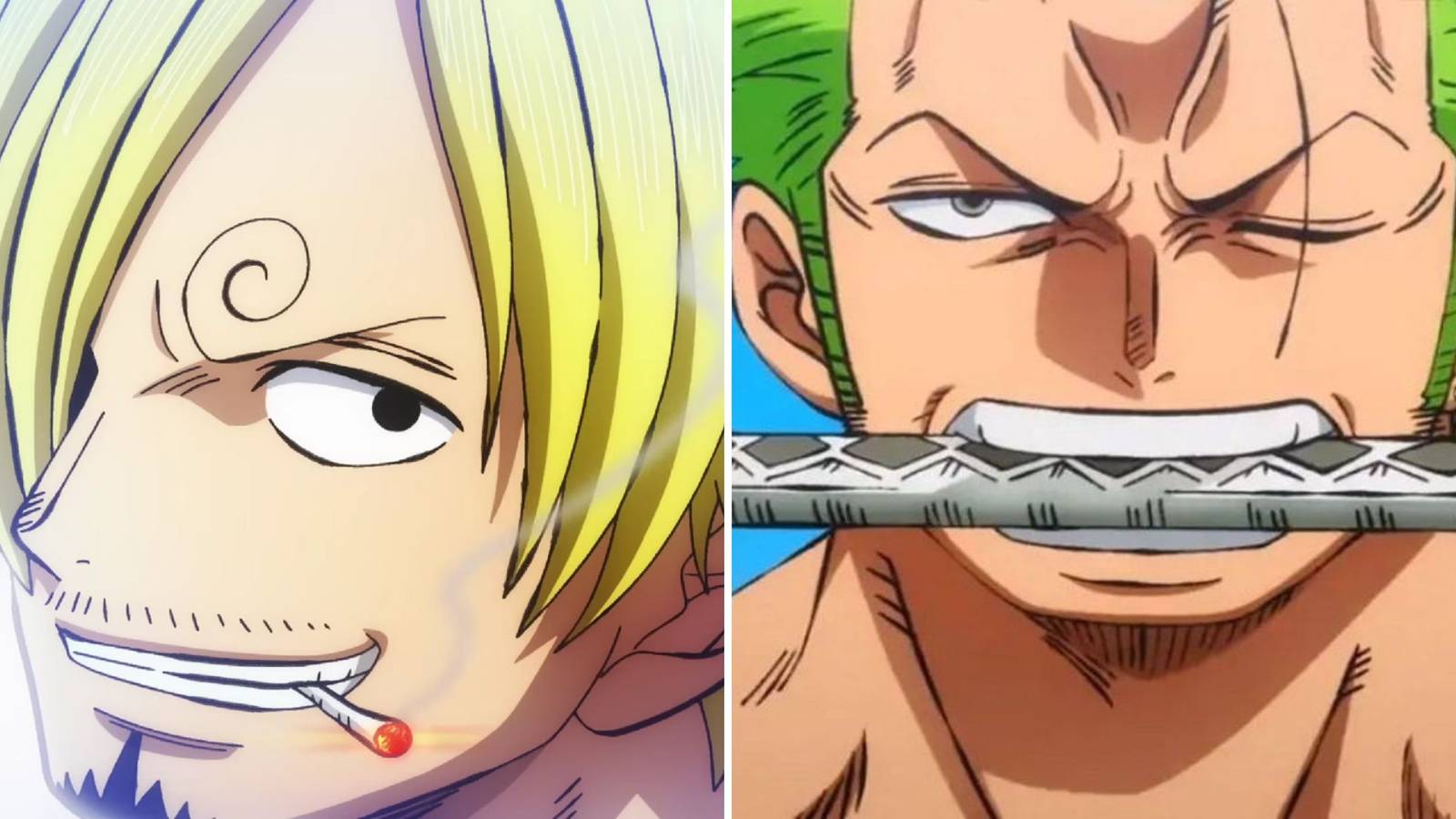 A collage of closeups of Roronoa Zoro and Sanji in One Piece