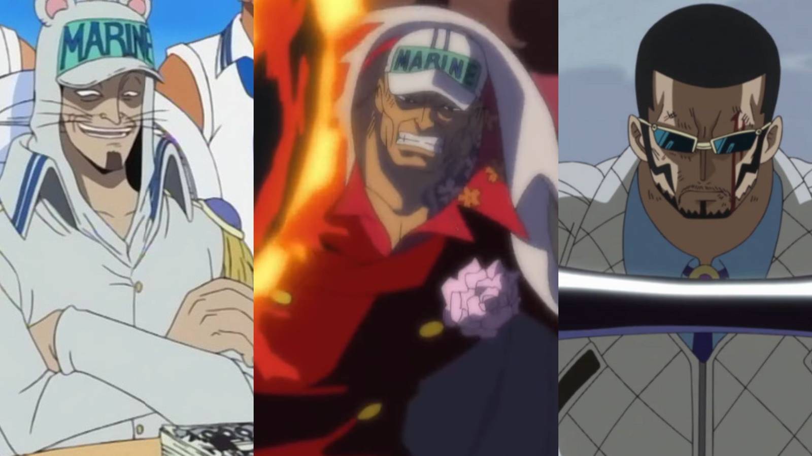 A collage of three of the worst Marines in One Piece: Nezumi, Sakazuki (Akainu) and Vergo.