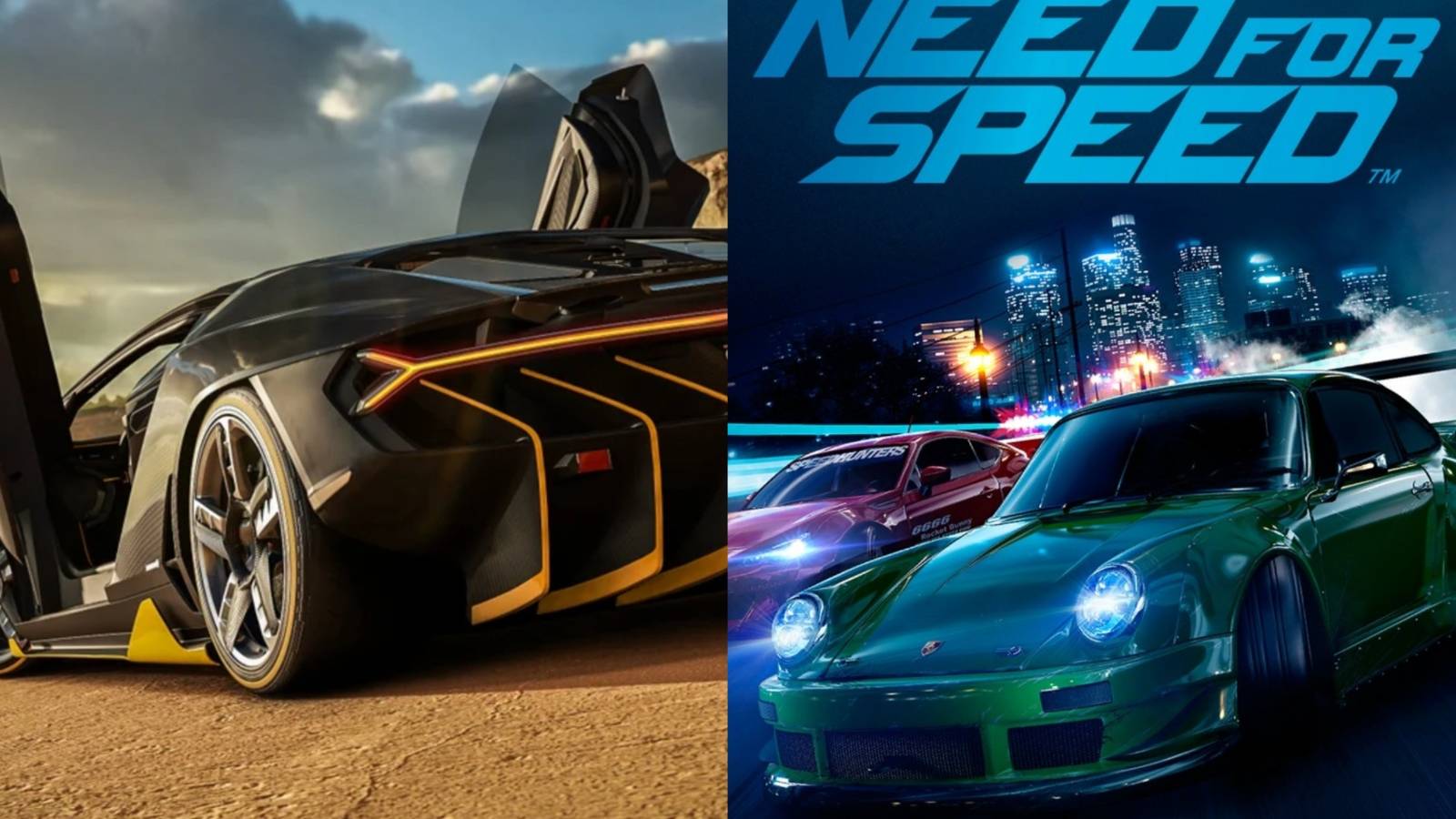Collage showing cars from Forza Horizon 3 and Need For Speed