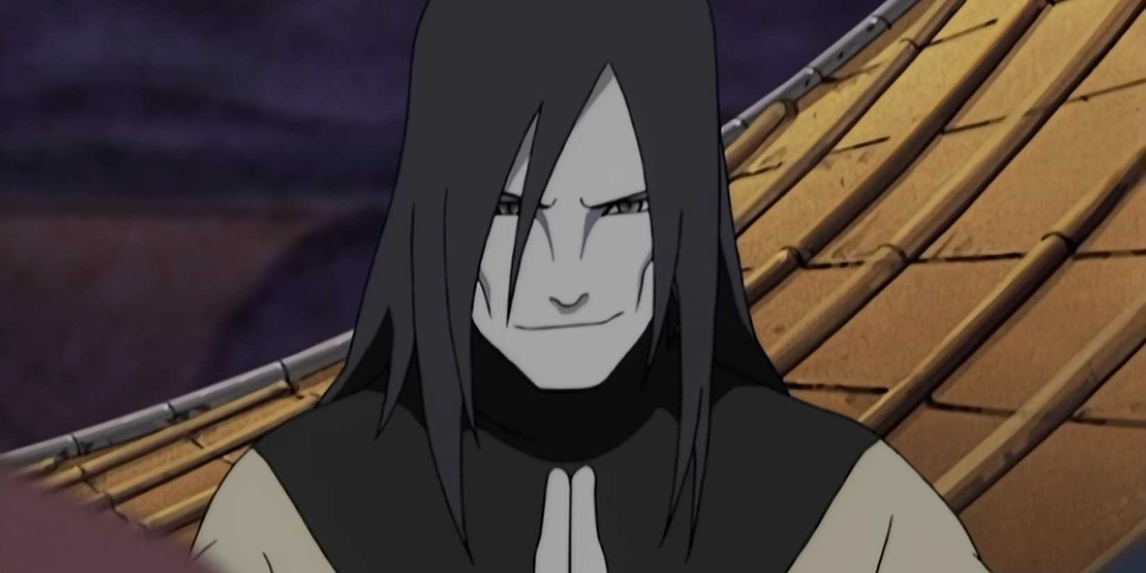 Orochimaru clasps his hands together as he stands on a roof.