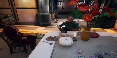 Parvati and Junlei sitting on a table in The Outer Worlds