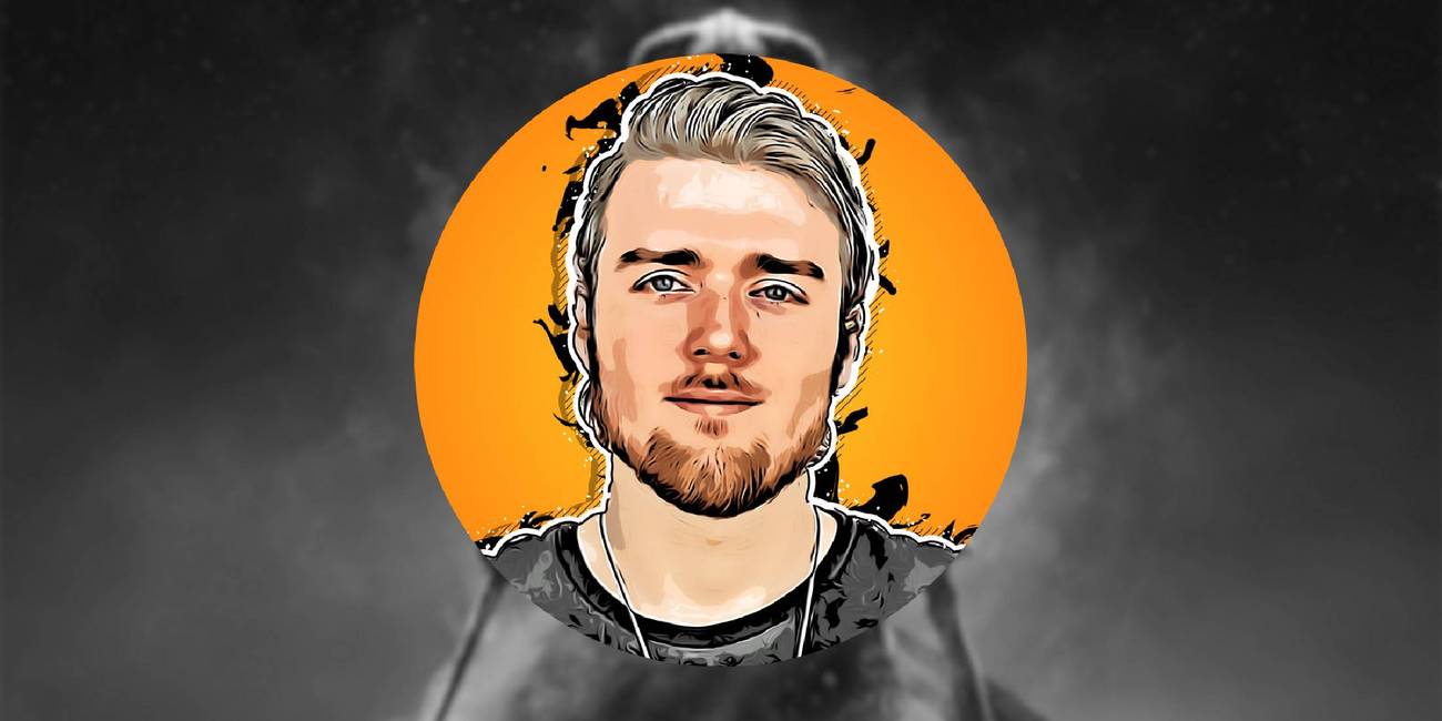 Patrik Slater over blurred background of Skyrim game cover