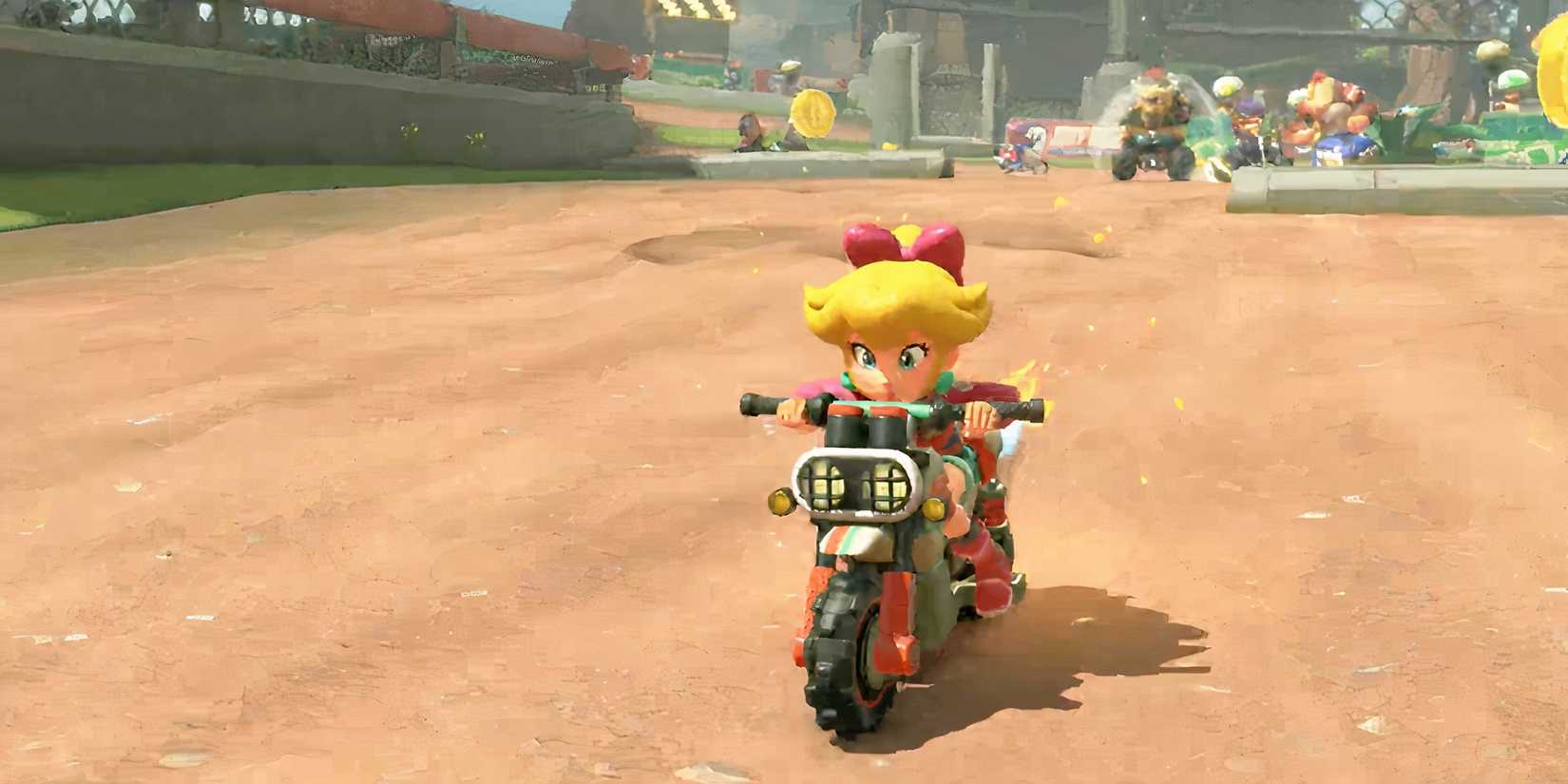 Peach driving a bike in Mario Kart World