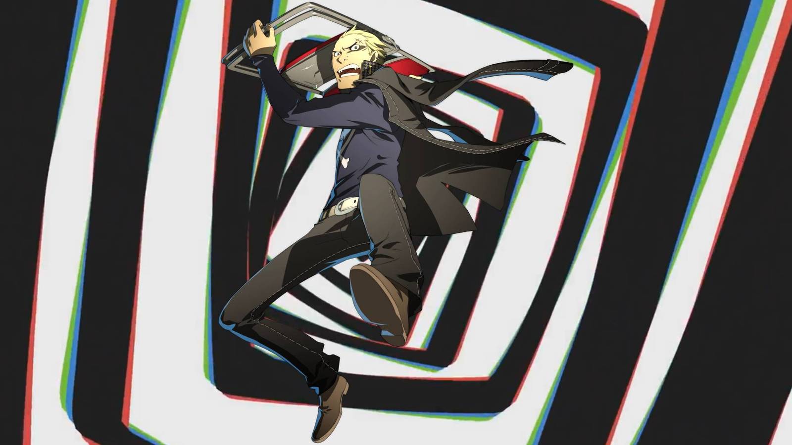 Kanji Tatsumi with a chair over the TV transition from Persona 4