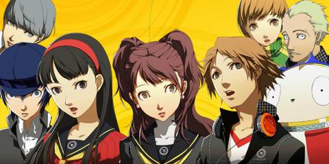 Persona 4 main cast looking surprised on yellow background 2x1 composite